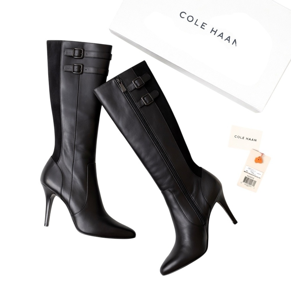 Cole Haan Poppy Bit Boots Black Leather Tall Equestrian Heeled Boots Size 6B NIB